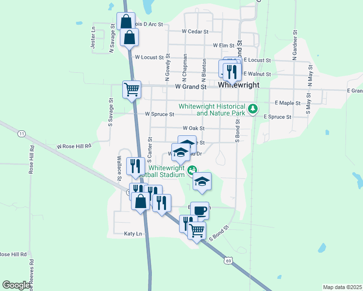 map of restaurants, bars, coffee shops, grocery stores, and more near 405 W Pine St in Whitewright