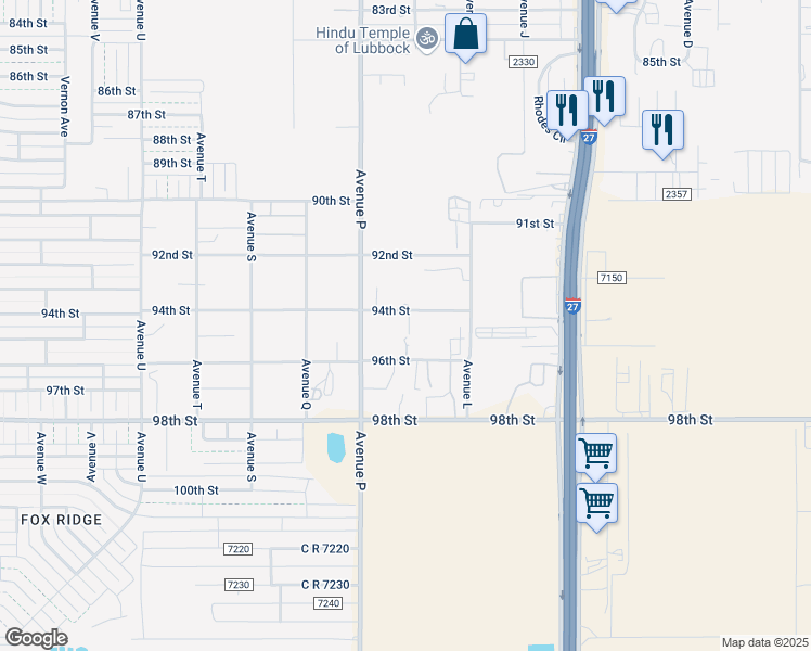 map of restaurants, bars, coffee shops, grocery stores, and more near 1333 94th Street in Lubbock