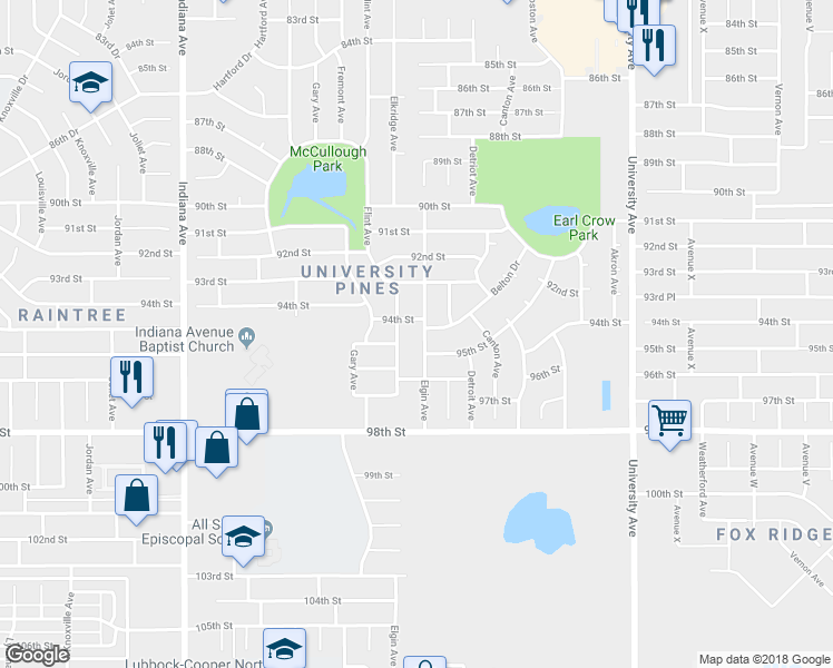 map of restaurants, bars, coffee shops, grocery stores, and more near 9406 Elgin Avenue in Lubbock
