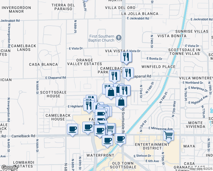 map of restaurants, bars, coffee shops, grocery stores, and more near 4900 North Scottsdale Road in Scottsdale