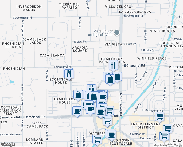 map of restaurants, bars, coffee shops, grocery stores, and more near 6905 East Mariposa Drive in Scottsdale