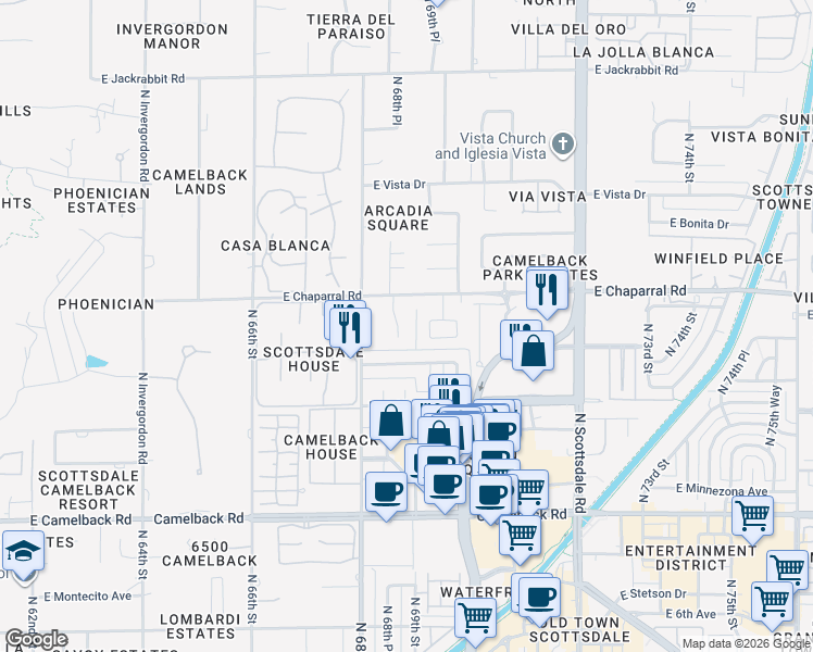 map of restaurants, bars, coffee shops, grocery stores, and more near 4819 North 68th Place in Scottsdale