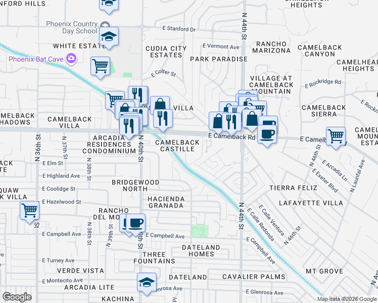 map of restaurants, bars, coffee shops, grocery stores, and more near 4148 East Calle Redonda in Phoenix