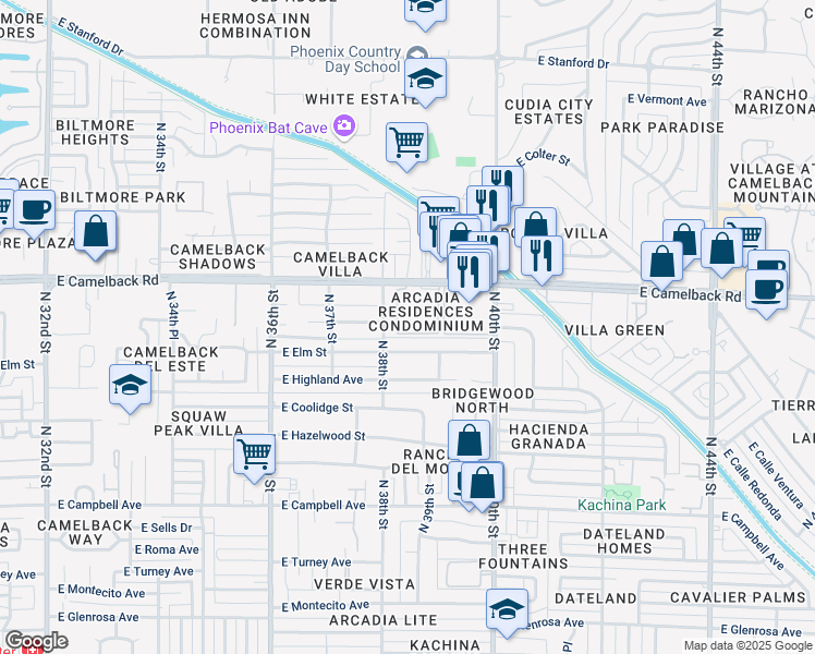 map of restaurants, bars, coffee shops, grocery stores, and more near 3825 East Camelback Road in Phoenix