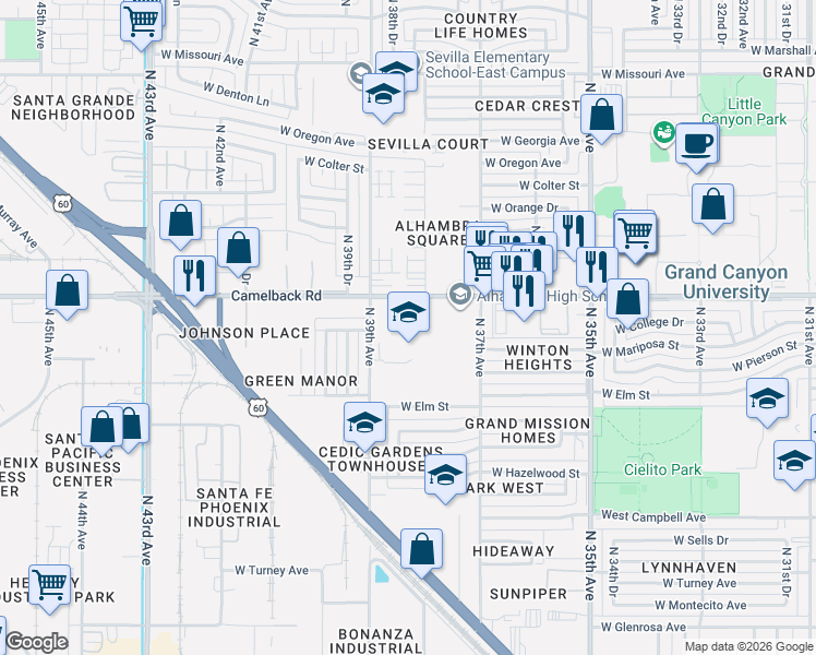 map of restaurants, bars, coffee shops, grocery stores, and more near 3839 West Camelback Road in Phoenix