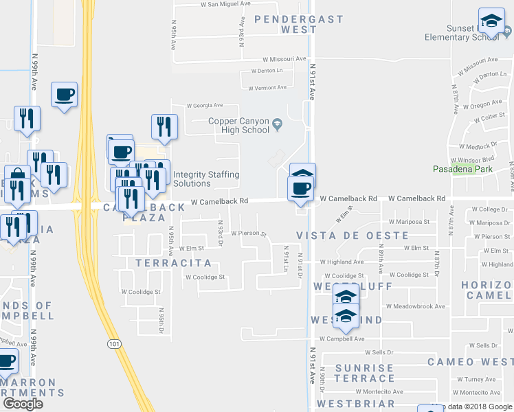 map of restaurants, bars, coffee shops, grocery stores, and more near 4843 North 92nd Drive in Phoenix