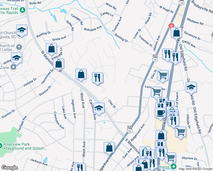map of restaurants, bars, coffee shops, grocery stores, and more near 4037 Fieldcrest Drive in North Augusta