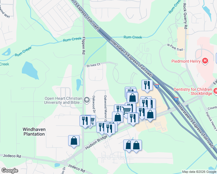map of restaurants, bars, coffee shops, grocery stores, and more near 1920 Oakwood Drive in Stockbridge