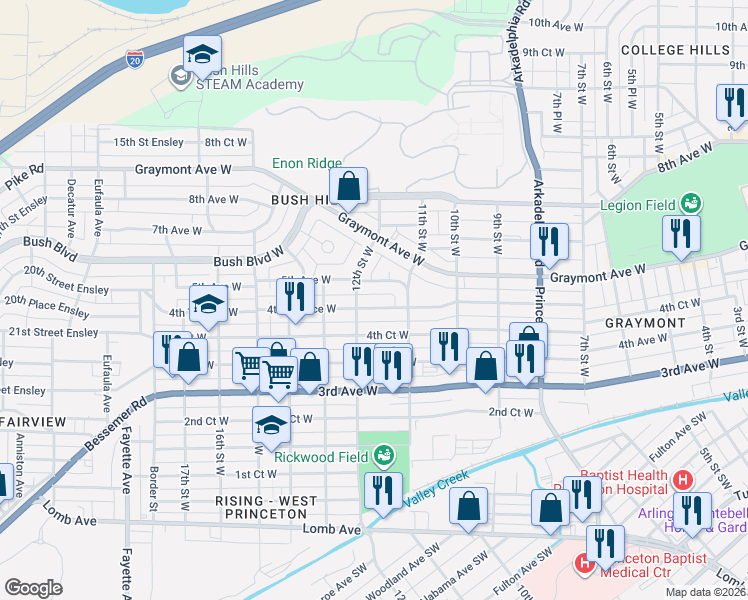 map of restaurants, bars, coffee shops, grocery stores, and more near 1122 4th Terrace West in Birmingham