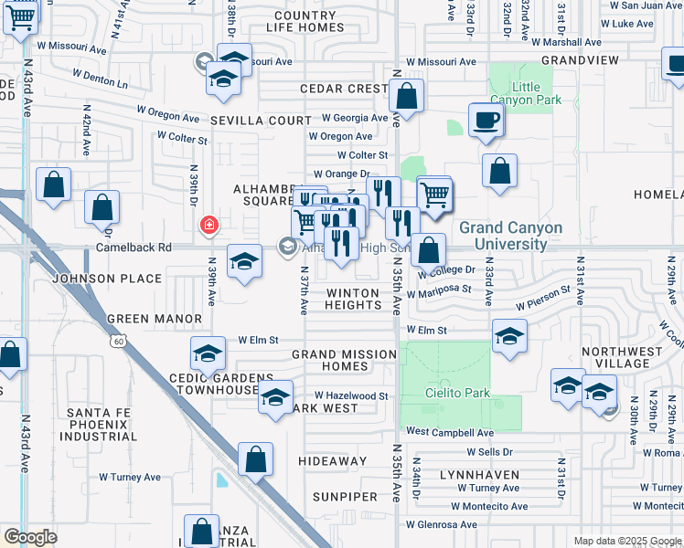 map of restaurants, bars, coffee shops, grocery stores, and more near 3625 West Camelback Road in Phoenix