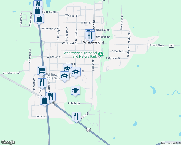 map of restaurants, bars, coffee shops, grocery stores, and more near 105 West Pine Street in Whitewright