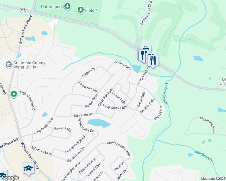 map of restaurants, bars, coffee shops, grocery stores, and more near 2029 Silver Run Falls in Grovetown