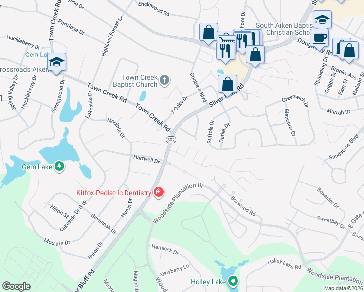 map of restaurants, bars, coffee shops, grocery stores, and more near 105 Rutherford Place in Aiken