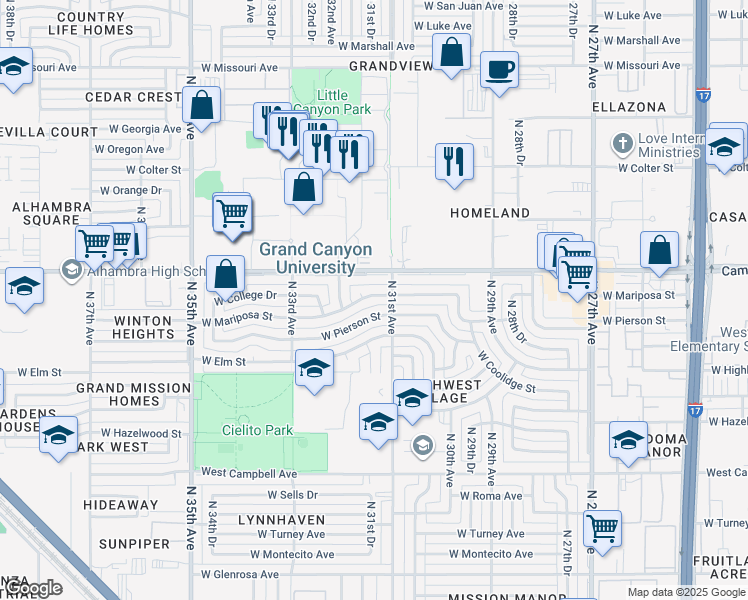 map of restaurants, bars, coffee shops, grocery stores, and more near 3115 West Mariposa Street in Phoenix
