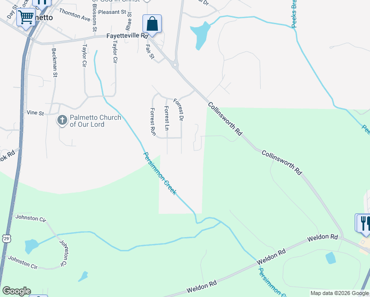 map of restaurants, bars, coffee shops, grocery stores, and more near 264 Forrest Drive in Palmetto