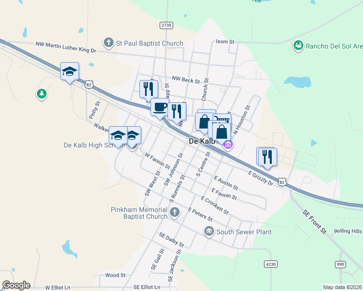 map of restaurants, bars, coffee shops, grocery stores, and more near 213 West Grizzly Drive in De Kalb