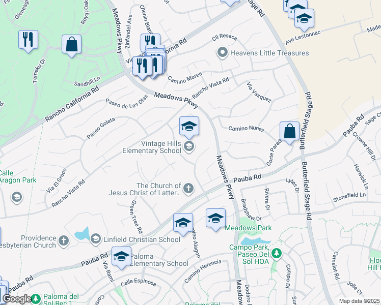 map of restaurants, bars, coffee shops, grocery stores, and more near 42240 Camino Romo in Temecula