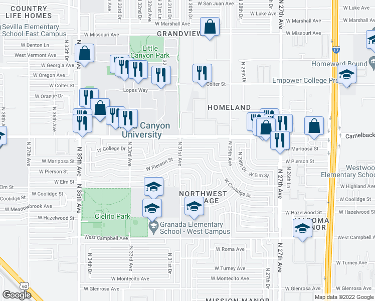 map of restaurants, bars, coffee shops, grocery stores, and more near 3049 West Mariposa Street in Phoenix