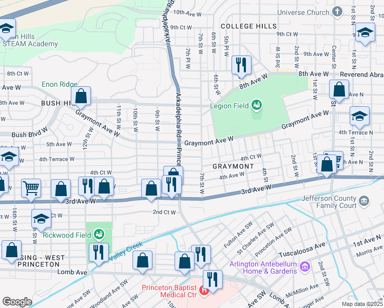 map of restaurants, bars, coffee shops, grocery stores, and more near 720 4th Terrace West in Birmingham