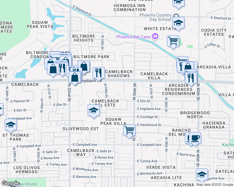 map of restaurants, bars, coffee shops, grocery stores, and more near 4820 North 35th Street in Phoenix
