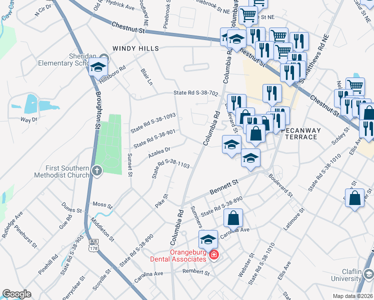 map of restaurants, bars, coffee shops, grocery stores, and more near 1459 Columbia Road in Orangeburg