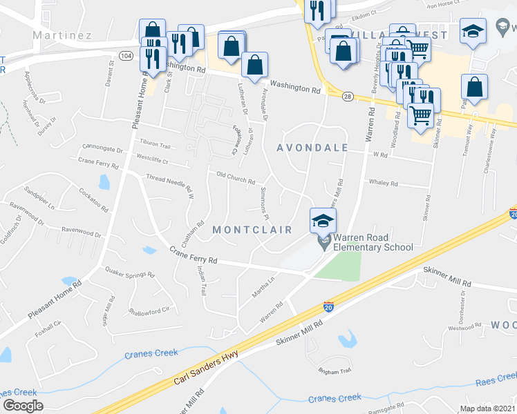map of restaurants, bars, coffee shops, grocery stores, and more near 211 Simmons Court in Augusta