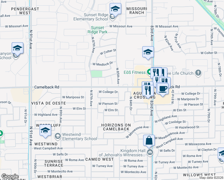 map of restaurants, bars, coffee shops, grocery stores, and more near 8524 West College Drive in Phoenix
