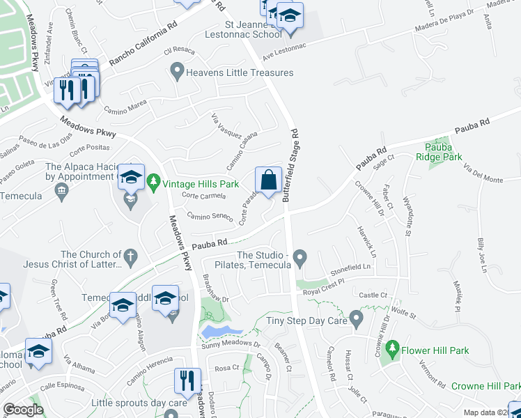 map of restaurants, bars, coffee shops, grocery stores, and more near 42361 Camino Merano in Temecula