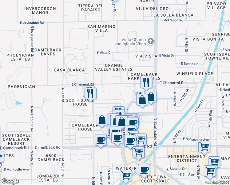 map of restaurants, bars, coffee shops, grocery stores, and more near 6905 East Mariposa Drive in Scottsdale