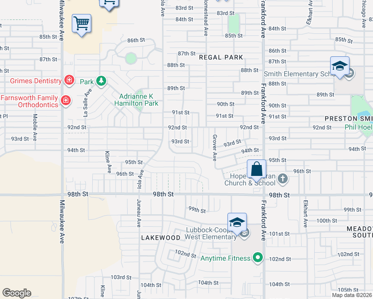 map of restaurants, bars, coffee shops, grocery stores, and more near 6008 94th Street in Lubbock