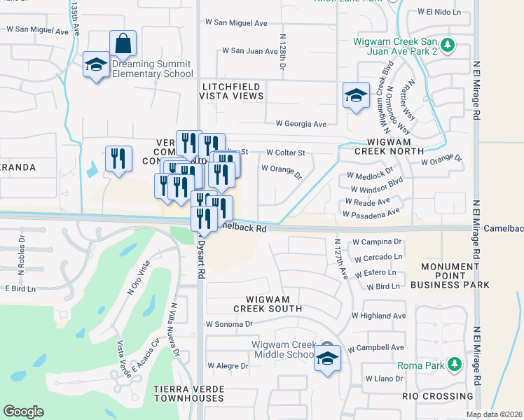 map of restaurants, bars, coffee shops, grocery stores, and more near 12895 West Pasadena Avenue in Litchfield Park