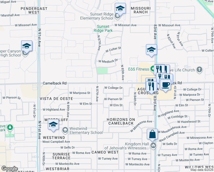 map of restaurants, bars, coffee shops, grocery stores, and more near 8624 West College Drive in Phoenix