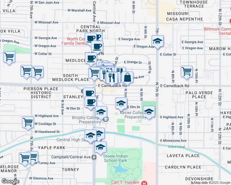 map of restaurants, bars, coffee shops, grocery stores, and more near 120 E Mariposa St in Phoenix