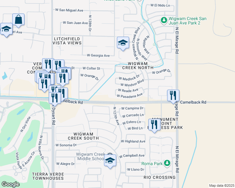map of restaurants, bars, coffee shops, grocery stores, and more near 12638 West Pasadena Avenue in Litchfield Park