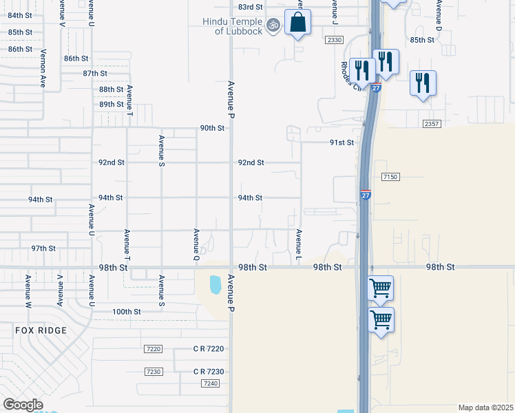 map of restaurants, bars, coffee shops, grocery stores, and more near 1333 94th Street in Lubbock