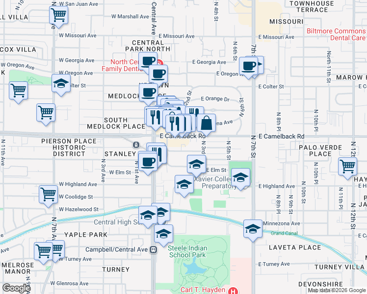 map of restaurants, bars, coffee shops, grocery stores, and more near 120 East Mariposa Street in Phoenix