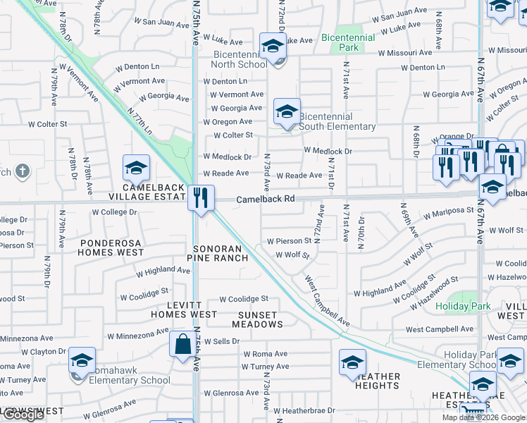 map of restaurants, bars, coffee shops, grocery stores, and more near 7278 West College Drive in Phoenix
