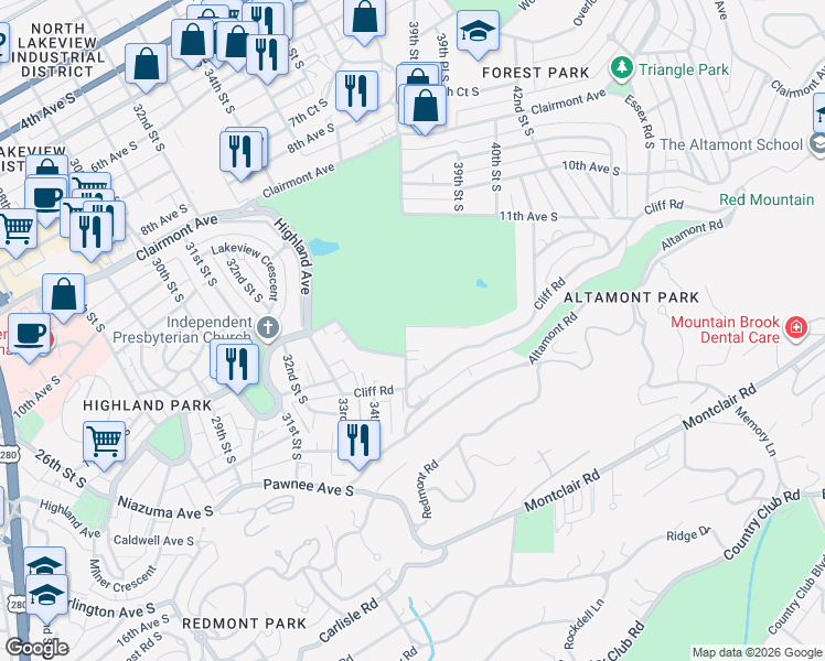 map of restaurants, bars, coffee shops, grocery stores, and more near 3809 12th Court South in Birmingham