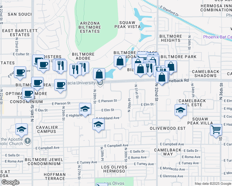 map of restaurants, bars, coffee shops, grocery stores, and more near 2917 East Mariposa Street in Phoenix