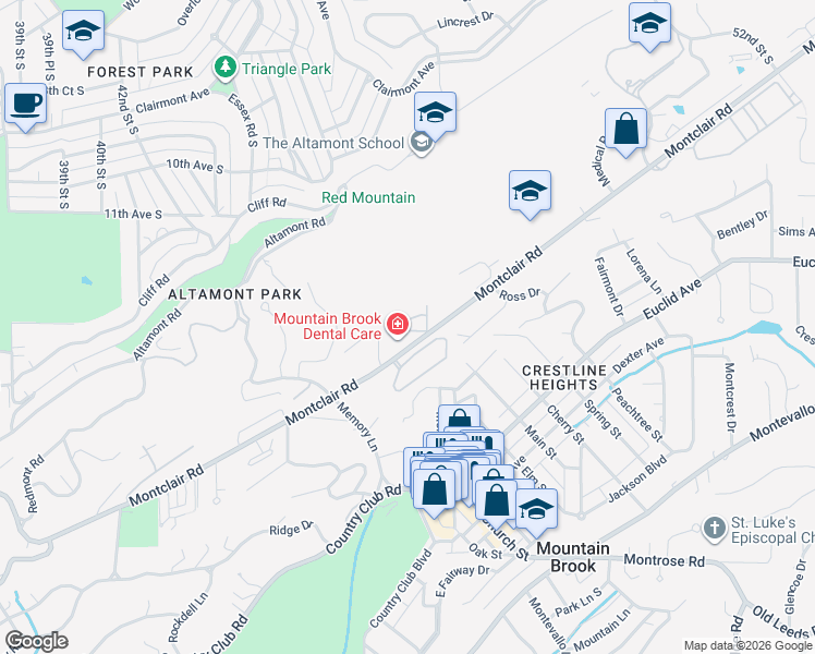 map of restaurants, bars, coffee shops, grocery stores, and more near 3930 Montclair Road in Birmingham