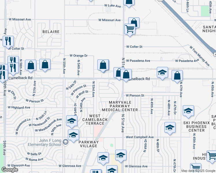 map of restaurants, bars, coffee shops, grocery stores, and more near B Street in Phoenix