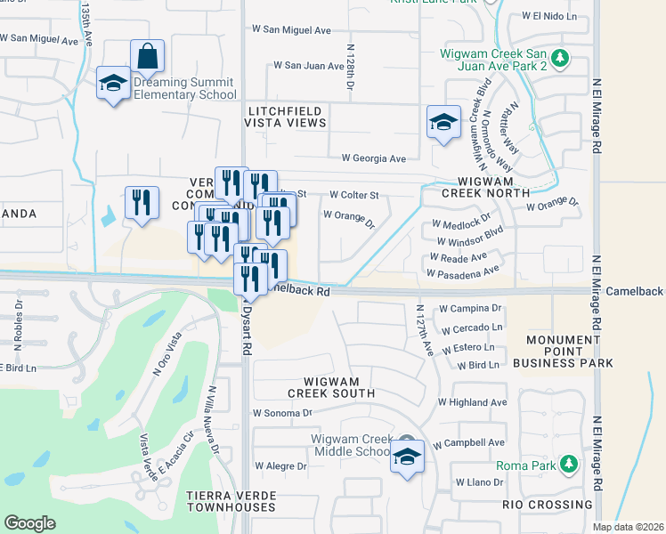 map of restaurants, bars, coffee shops, grocery stores, and more near 12895 West Pasadena Avenue in Litchfield Park