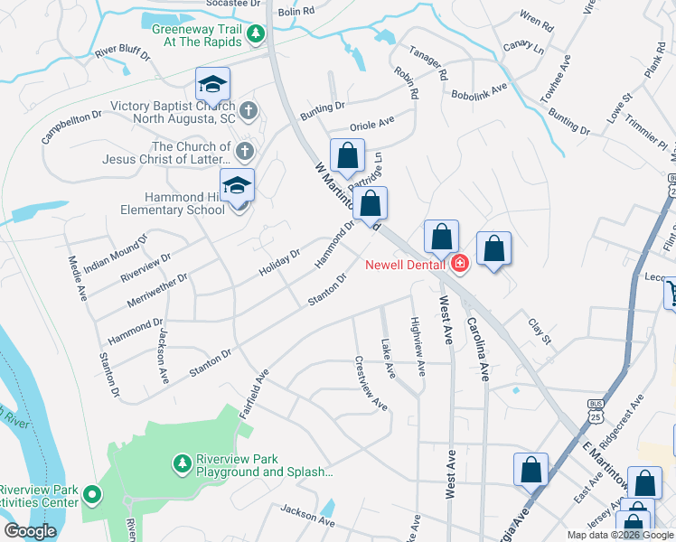 map of restaurants, bars, coffee shops, grocery stores, and more near 1016 Stanton Drive in North Augusta