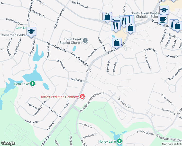 map of restaurants, bars, coffee shops, grocery stores, and more near 105 Rutherford Place in Aiken
