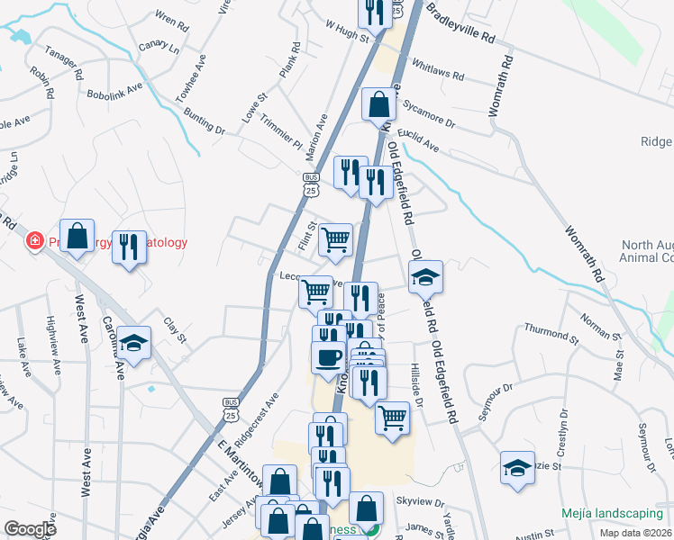 map of restaurants, bars, coffee shops, grocery stores, and more near 1500 Knox Avenue in North Augusta