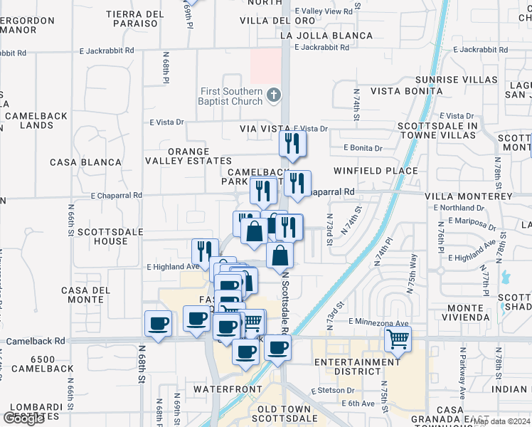 map of restaurants, bars, coffee shops, grocery stores, and more near 4800 North Scottsdale Road in Scottsdale