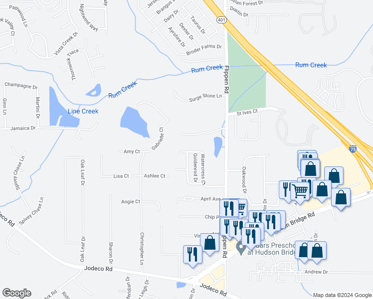 map of restaurants, bars, coffee shops, grocery stores, and more near 168 Watercress Court in Stockbridge