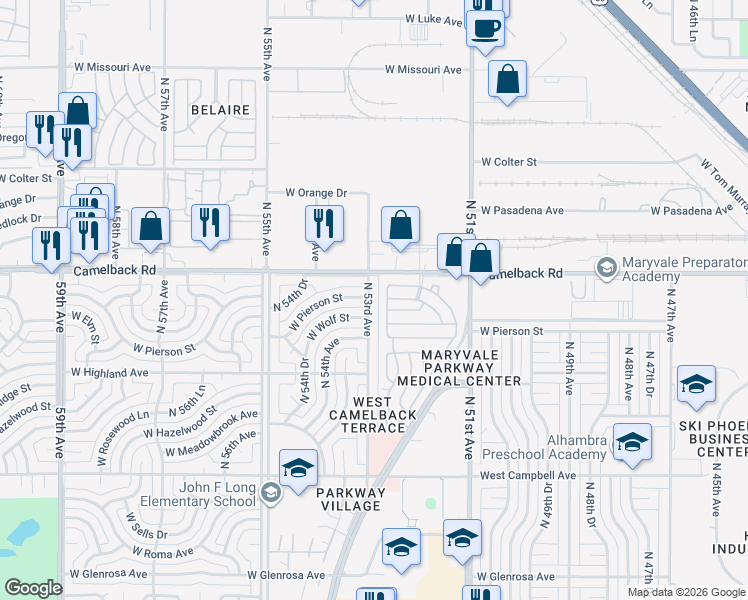 map of restaurants, bars, coffee shops, grocery stores, and more near 4827 North 53rd Avenue in Phoenix