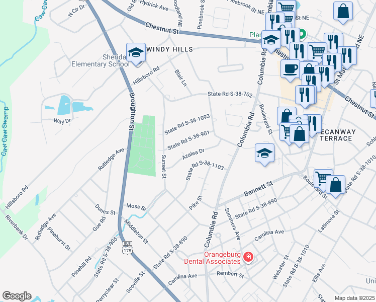 map of restaurants, bars, coffee shops, grocery stores, and more near 555 Azalea Drive in Orangeburg