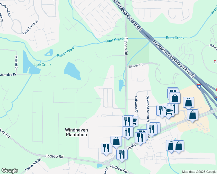 map of restaurants, bars, coffee shops, grocery stores, and more near 154 Watercress Court in Stockbridge